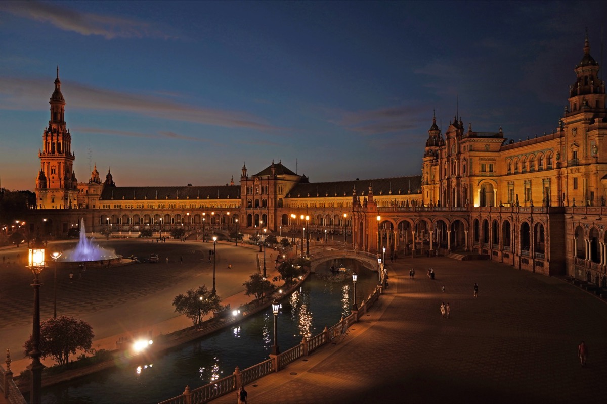 Plaza de España in Seville illuminated at night